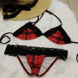 Red Plaid and Lace Scrunch Bikini